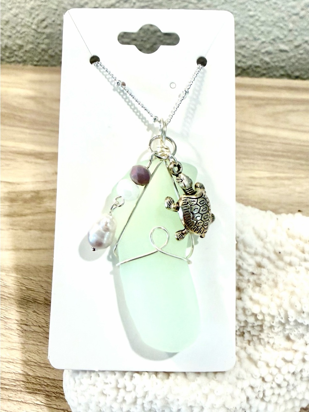 35. Sea Glass Turtle Pendant Necklace - Mint Green